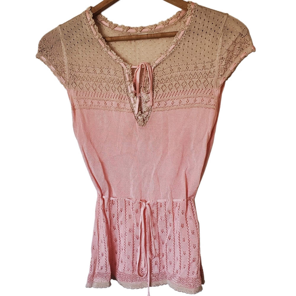 Elegant Pink Knit Lace Women's Blouse Top